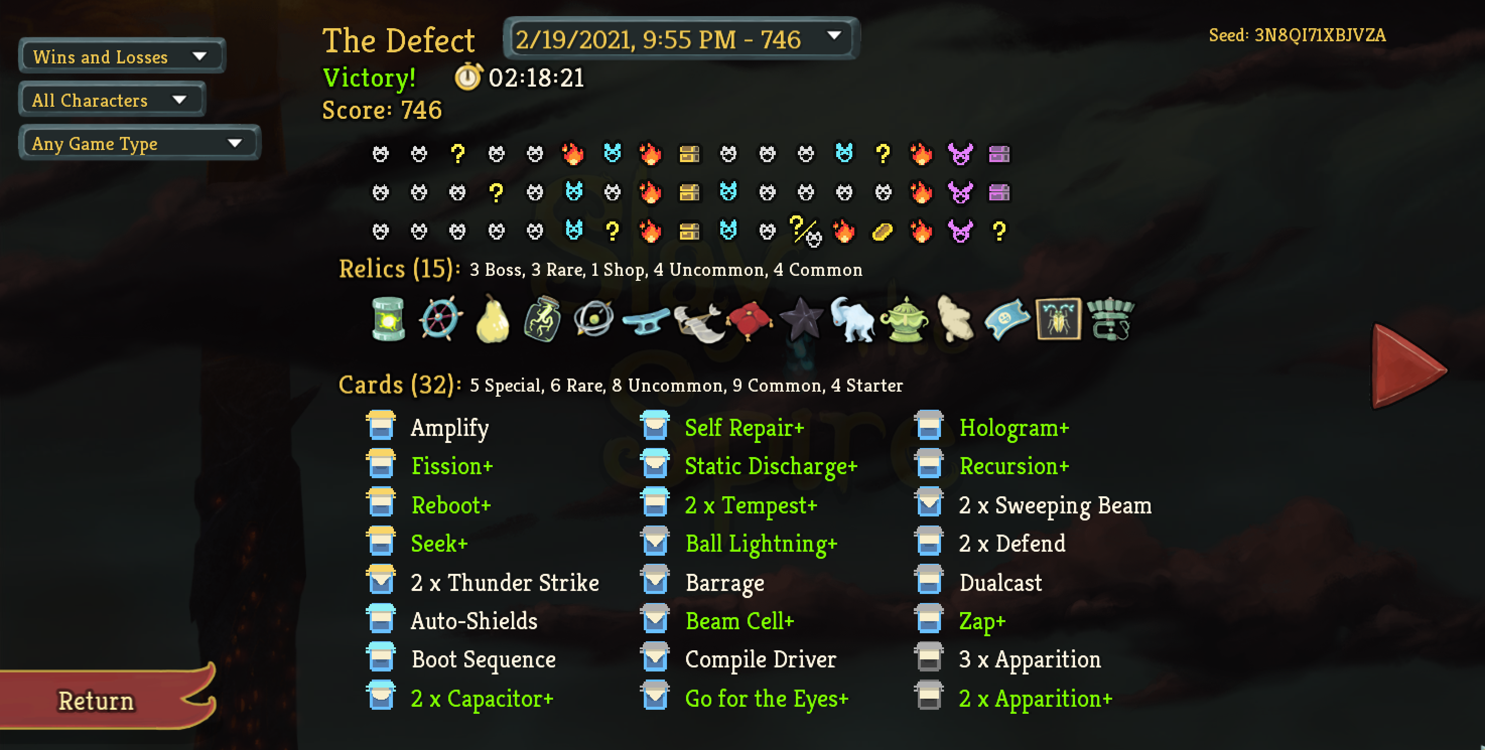Screenshot of the Slay the Spire stats screen showing the successful build.