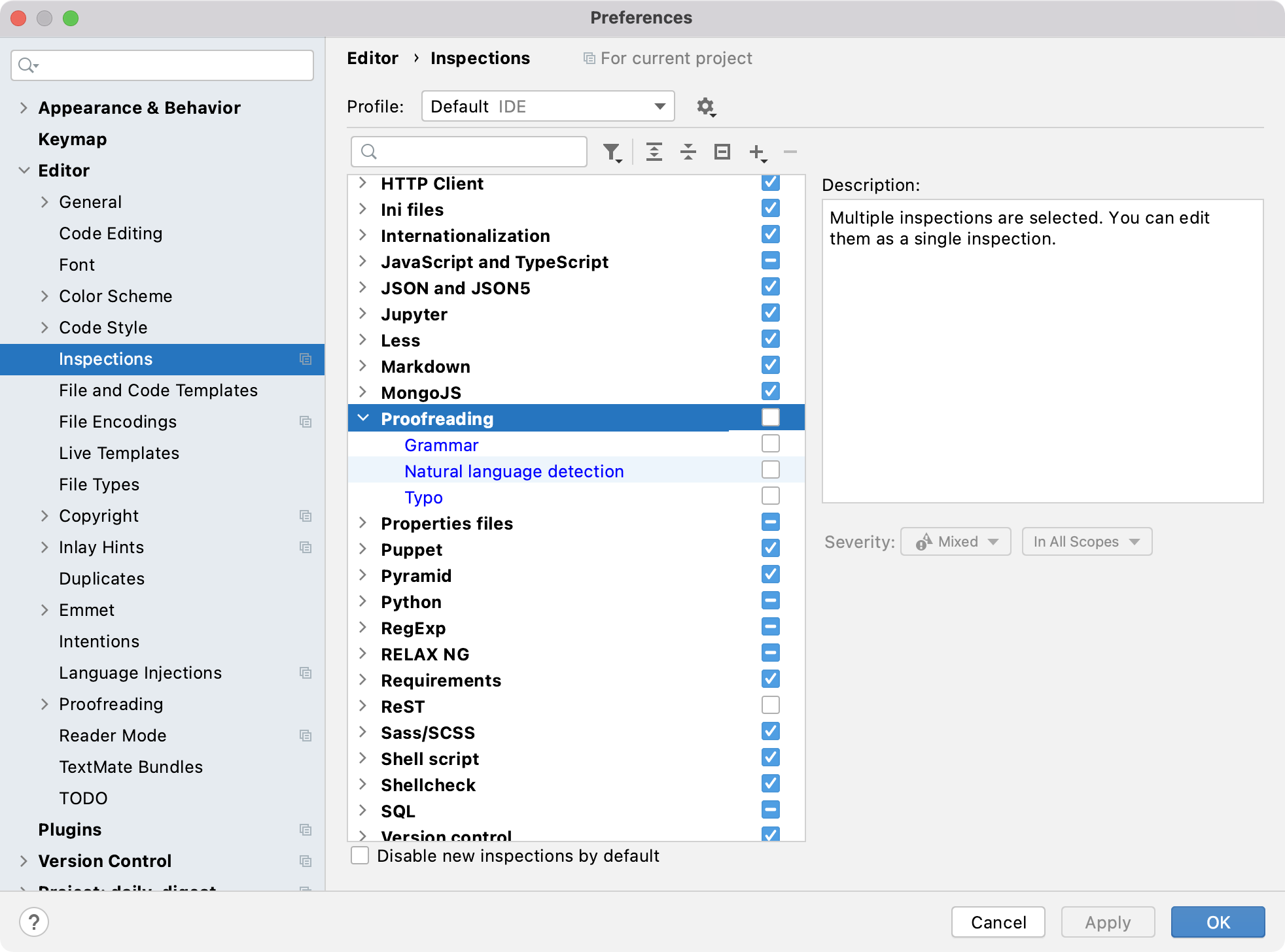 Screenshot of PyCharm's inspection settings with "Proofreading" highlighted.