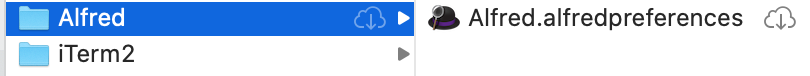 Screenshot of Finder showing a cloud icon next to the Alfred preferences file to indicate that it's on the cloud