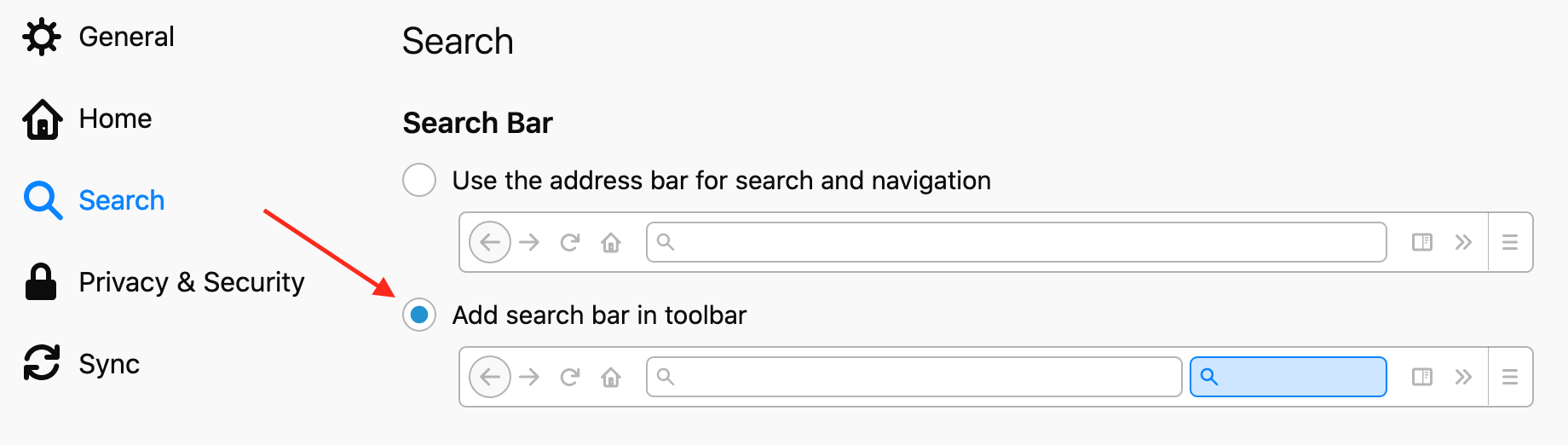 Screenshot of Firefox settings pane and pointing to "Add search bar in toolbar"
