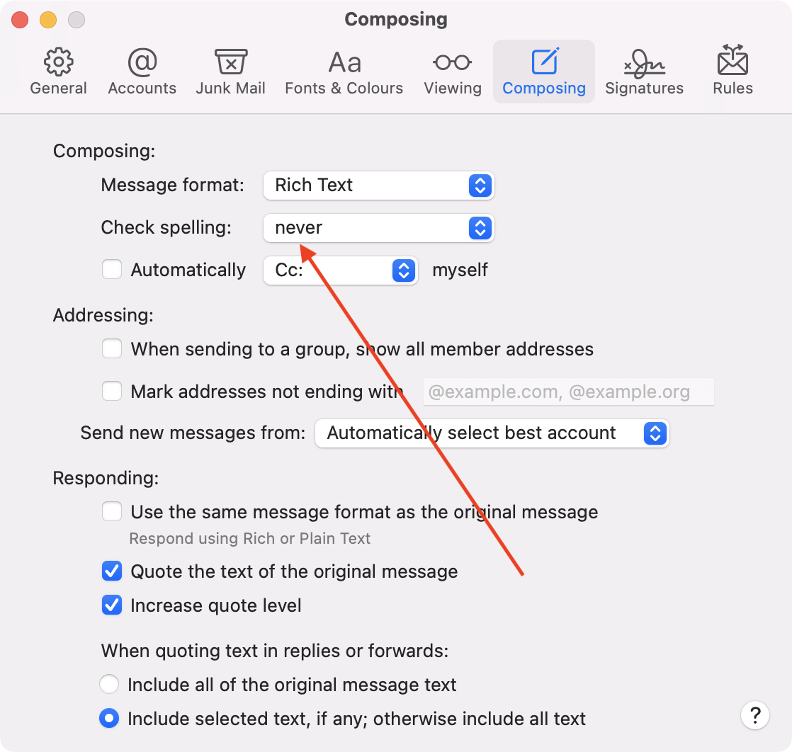 Screenshot of the settings page in macOS Mail.