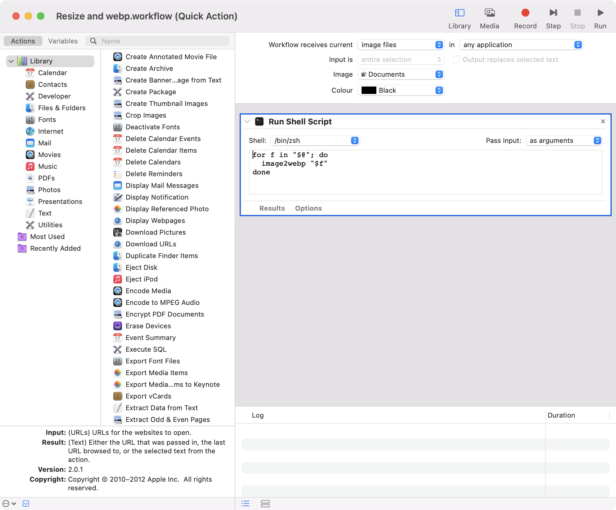 Screenshot of the macOS Automator app, showing the workflow as a shell script.